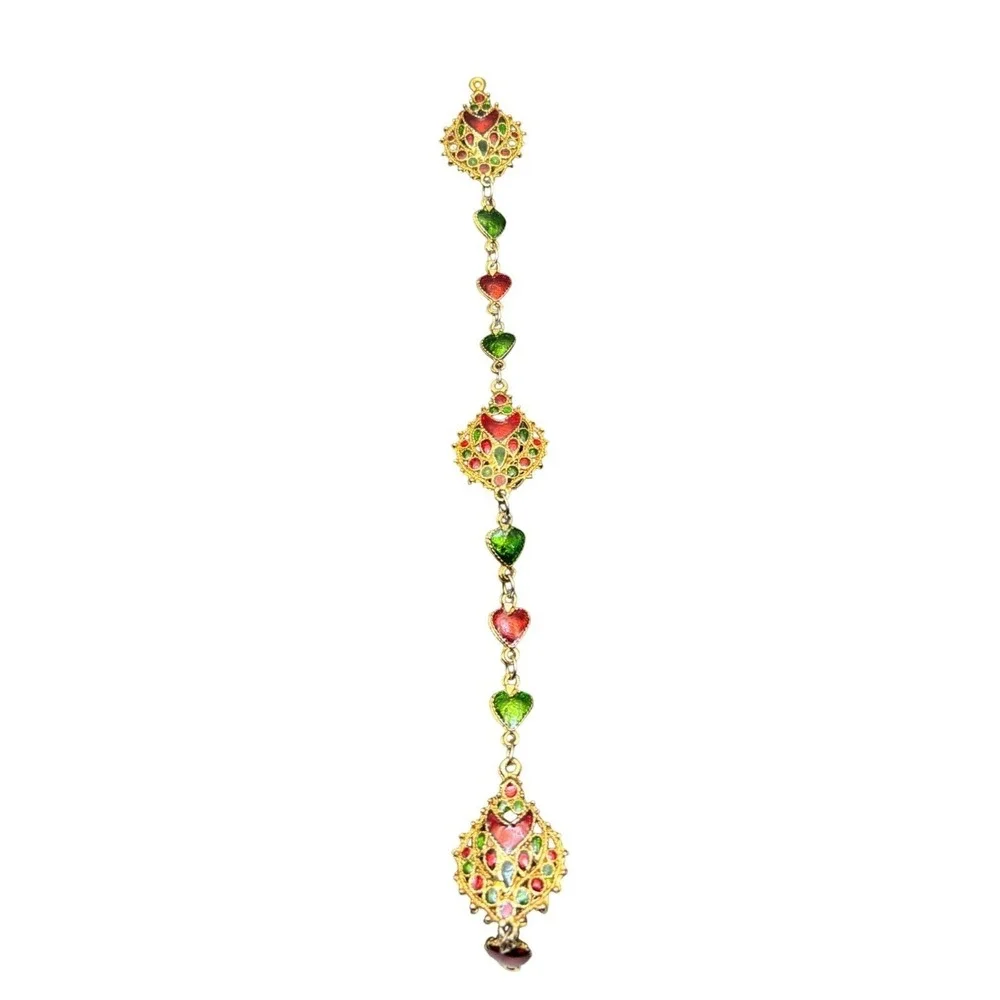 Vintage Hair Braid‎ Jewelry Red Green Enamel Hearts Chain Accessory Holiday
